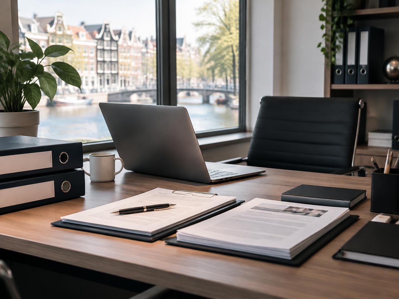 Opgeruimd bureau met dossiermappen, polissen en een laptop