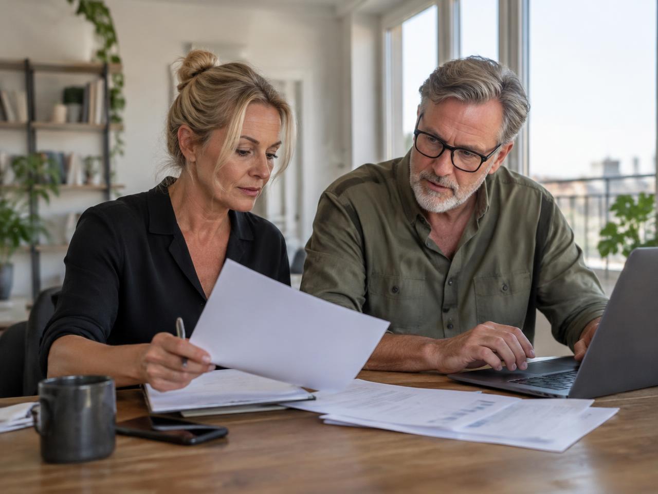 Twee bestuursleden bespreken de begroting van hun VvE aan tafel