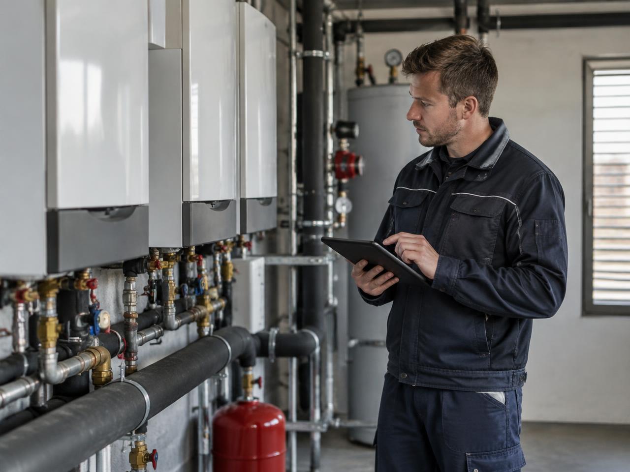 Monteur controleert de installatie in de technische ruimte van een appartementencomplex